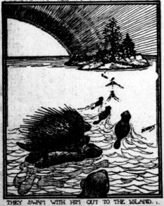 Image shows beavers swimming to an island, with a caption that reads: "They swam with him out to the island."