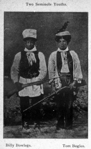 Photograph of two young men with caption reading: "Two Seminole youth: Billy Bowlegs and Tom Bogles"