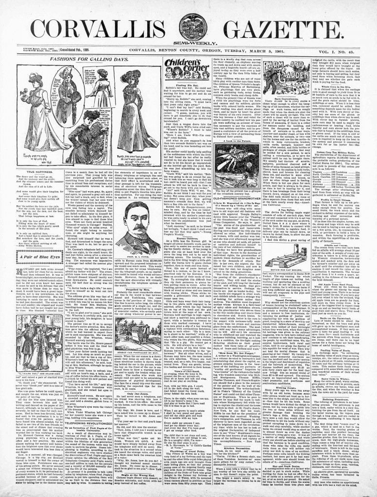 Corvallis Gazette (Corvallis, Benton County, Or.) March 5, 1901, Image 1. http://oregonnews.uoregon.edu/lccn/sn93051660/1901-03-05/ed-1/seq-1/